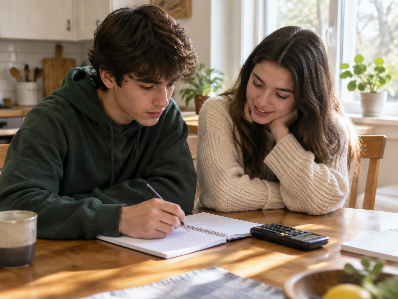 Dos jóvenes hacen cuentas en una libreta en la mesa de la cocina