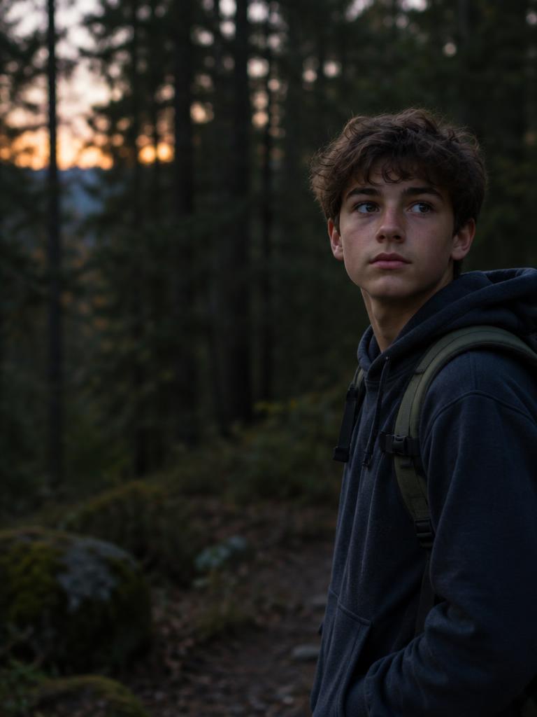 Chico adolescente con mochila en un bosque al anochecer