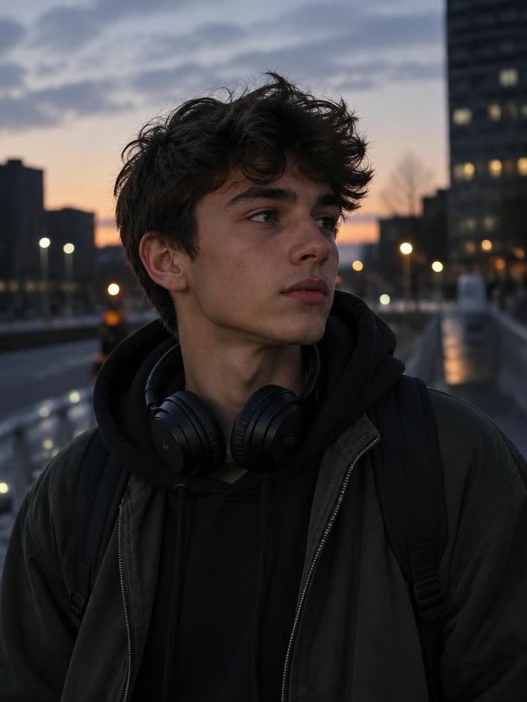 Joven con auriculares al cuello en la ciudad al atardecer